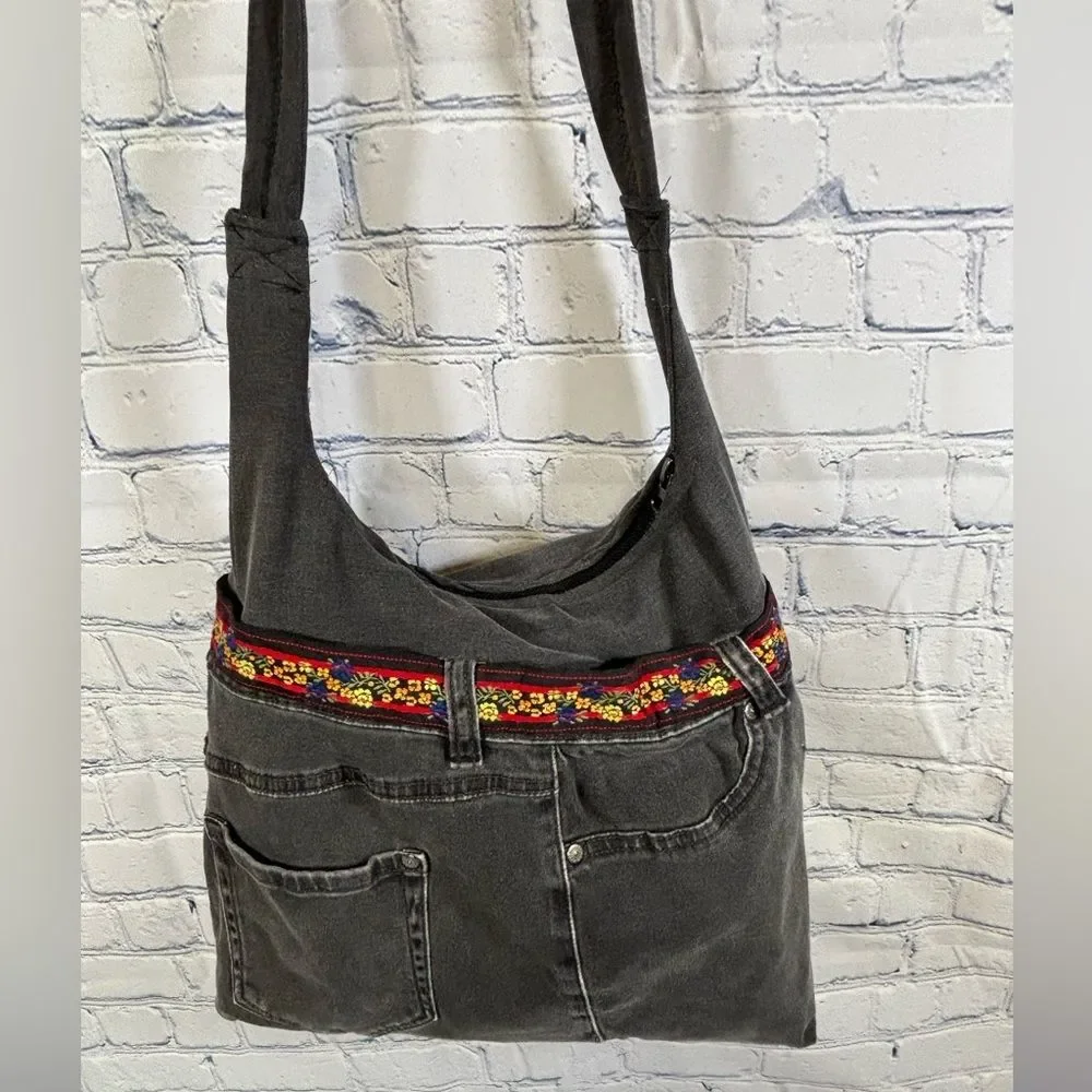 Handcrafted Black Denim Slouchy Hobo Embroidery Trim Upcycled Jean Bag Purse